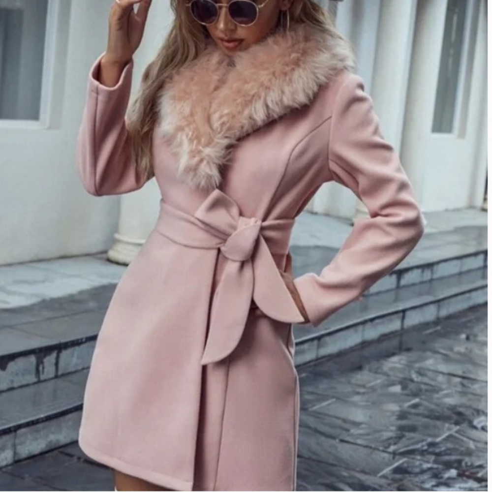 Luxe Dusty Pink Vegan belted Fur Pea coat - Picture 3 of 4